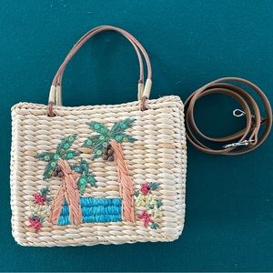 Straw tote with palm trees, raffia, beaded sequins, cute bag